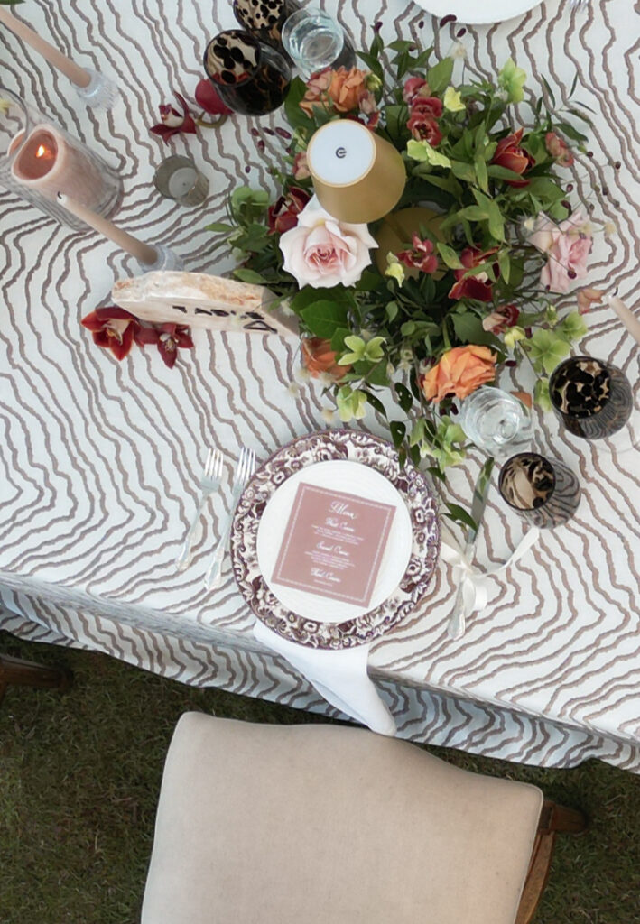 Aerial table view of Mocha Mousse colored wedding at Laundry at Bull Street in Columbia, SC