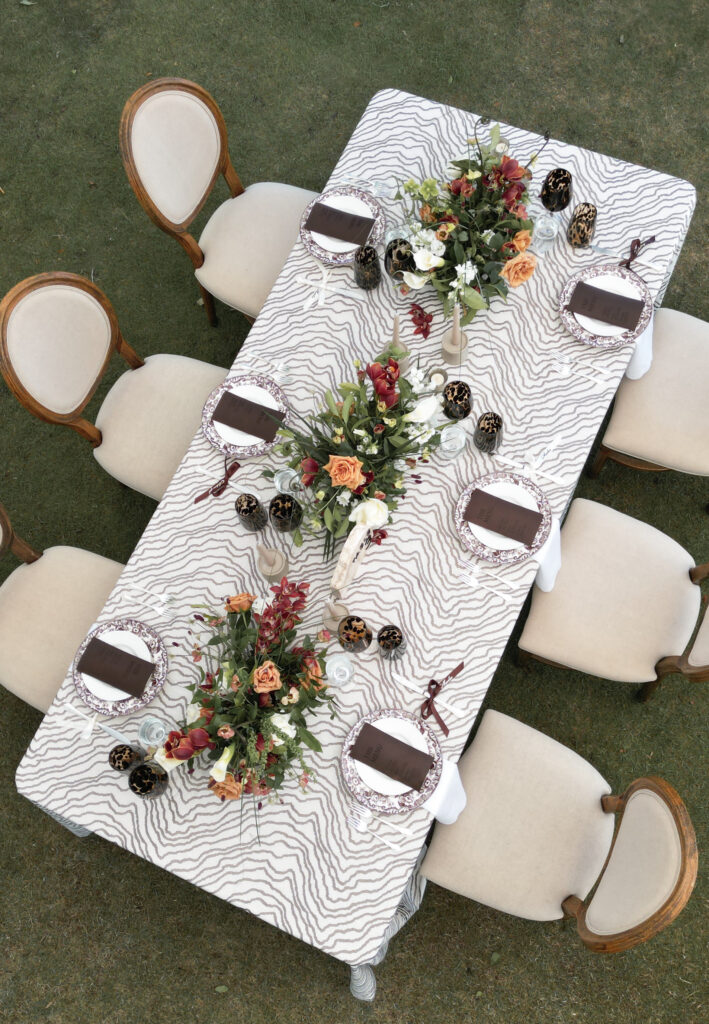 Aerial table view of Mocha Mousse colored wedding at Laundry at Bull Street in Columbia, SC