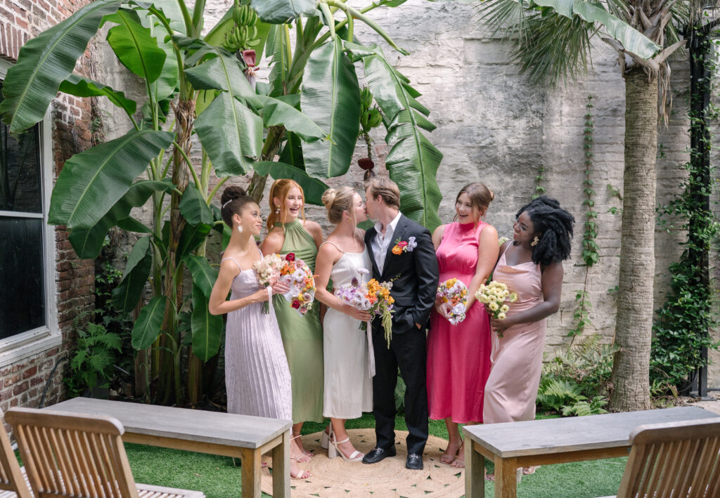 Bride and groom styled shoot in Charleston garden at Mudhouse Specialty Coffee Roasters micro wedding venue