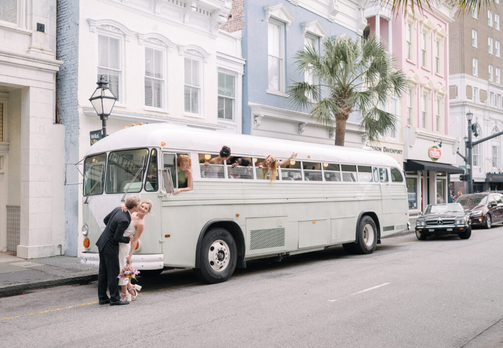 Vintage Lowcountry Valet bus used as wedding prop for celebratory wedding in Charleston 
